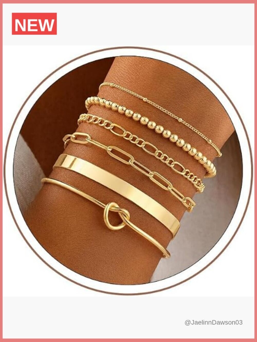 6PCS 14K Gold Plated Bracelet Set, Stackable Cuff, Chain, Beaded, Knot,